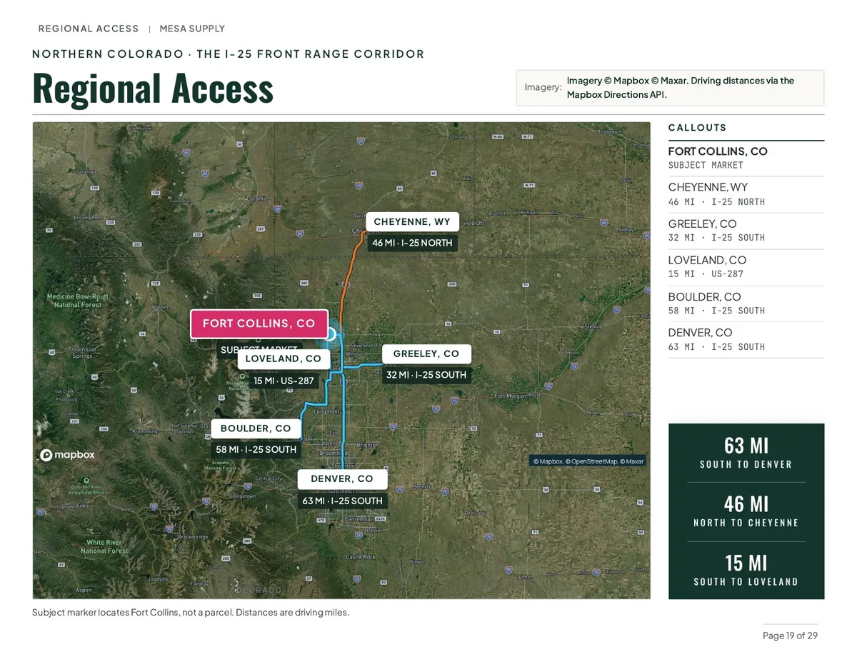 The regional access page of the fictional Mesa Supply booklet, with driving distances and credited imagery